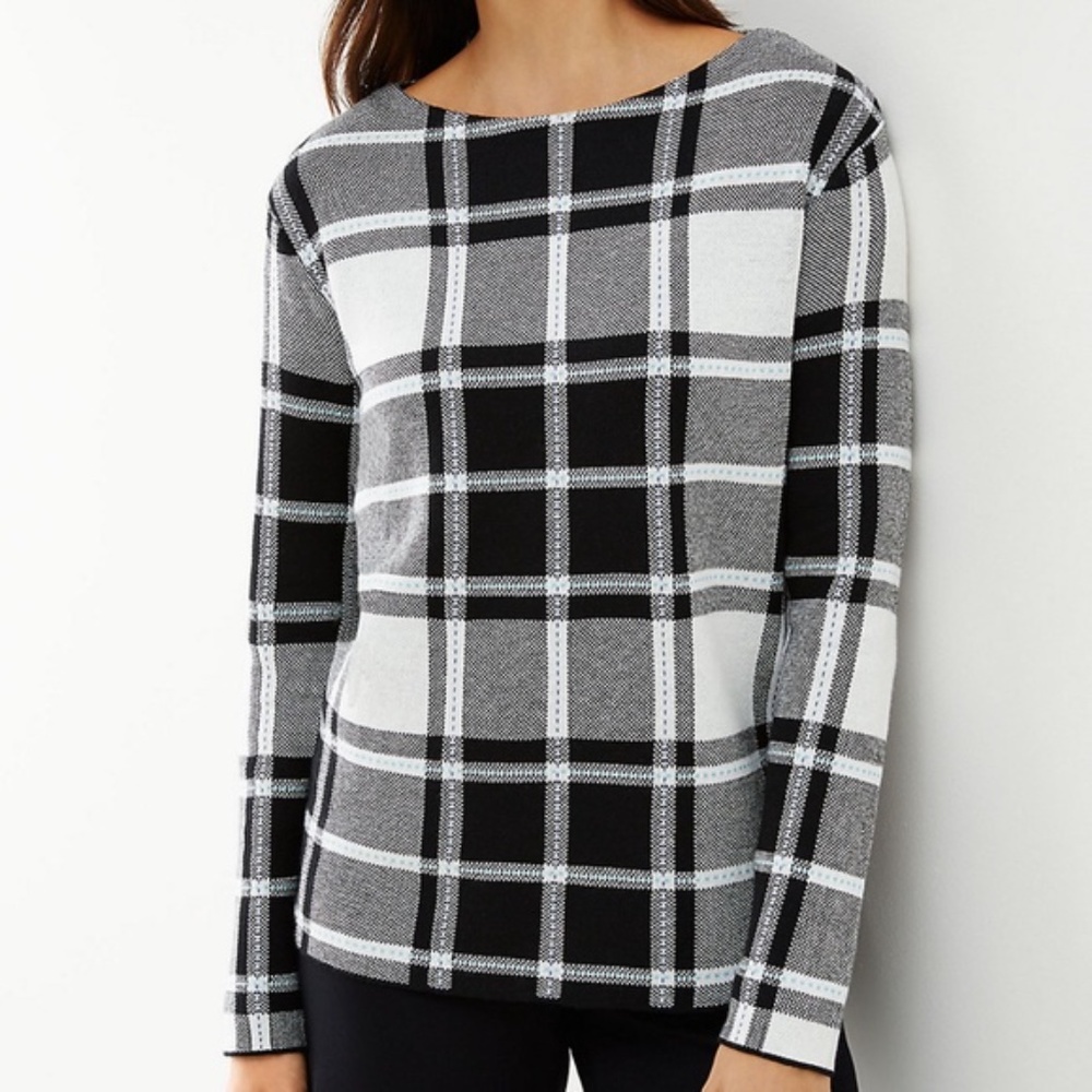 J. Jill Plaid Sweater Black White Buffalo Check Cozy Knit Pullover Womens XS